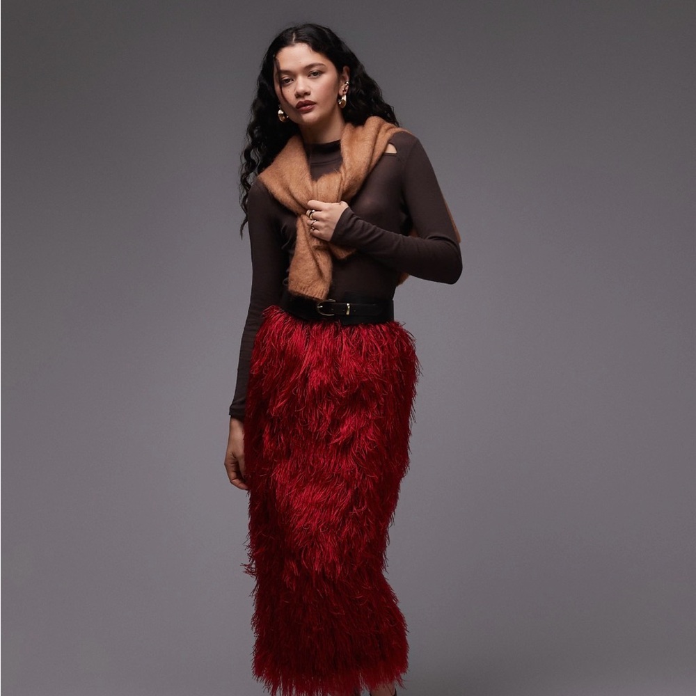 ASOS Red Feathered Midi Skirt